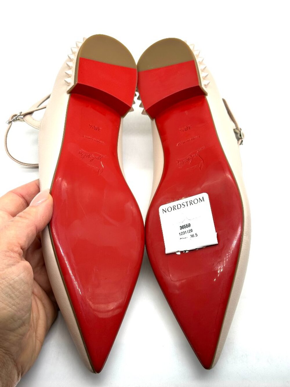 Christian Louboutin CONCLUSIVE Spike Ankle Strap Flat Ballerina Shoes Leche - Picture 13 of 15